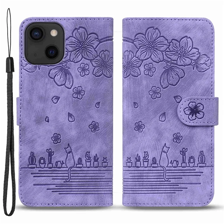 For iPhone 13 6.1 inch Shockproof Wallet Case Cherry Blossom Cat Imprinted PU Leather Stand Flip Cover with Strap - Purple