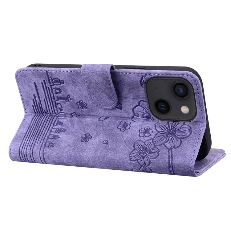 For iPhone 13 6.1 inch Shockproof Wallet Case Cherry Blossom Cat Imprinted PU Leather Stand Flip Cover with Strap - Purple