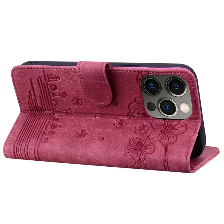 Для Iphone 13 Pro 6,1 Дюйма Shock -resean Case Case Chase Wallet Blossom Blossom Cat Imprinted pu Кожа - Красное Вино