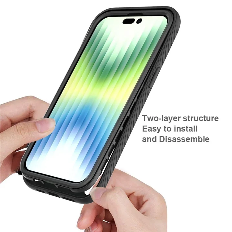 All-round Protection Phone Case for iPhone 14 Pro 6.1 inch, PC + TPU Hybrid Cover with PET Screen Protector - Black