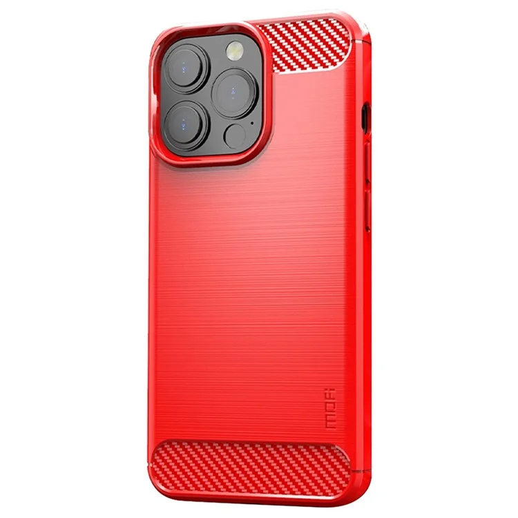 MOFI Para Iphone 14 Pro Max 6.7 Pulgadas de Ajuste Delgado de Fibra de Carbono TPU Soft TPU Tapa Trasera Caja de Teléfono Anti-aceite de Superficie Cepillada - Rojo