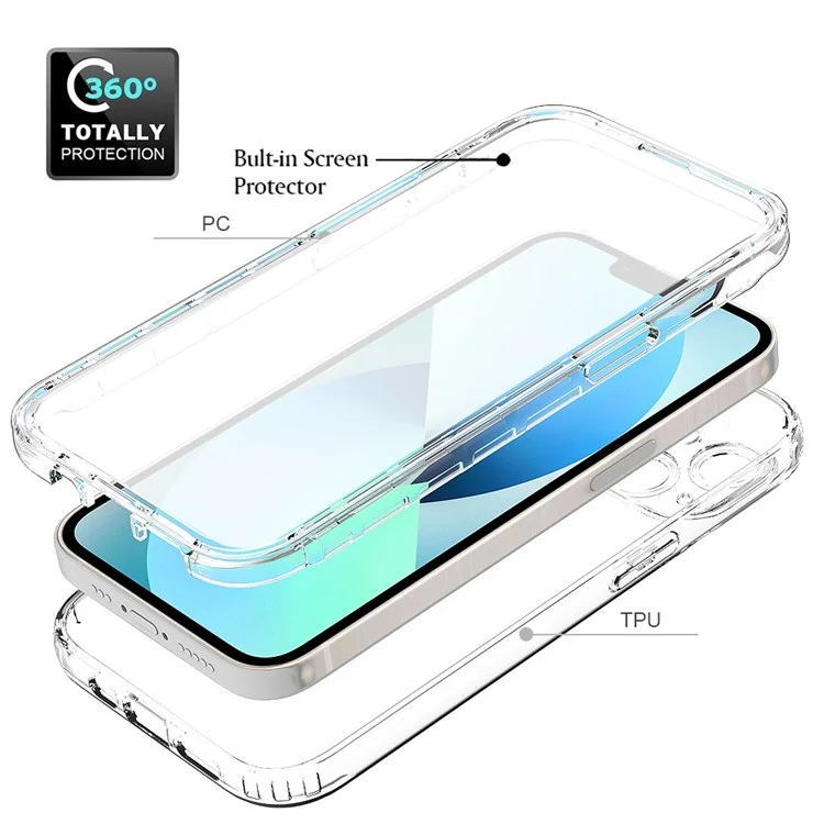 For iPhone 14 Plus 6.7 inch 3-in-1 Hybrid PC + TPU Full Body Protection Cover Gradient Scratch-resistant Phone Shell Case with PET Screen Protector - Transparent