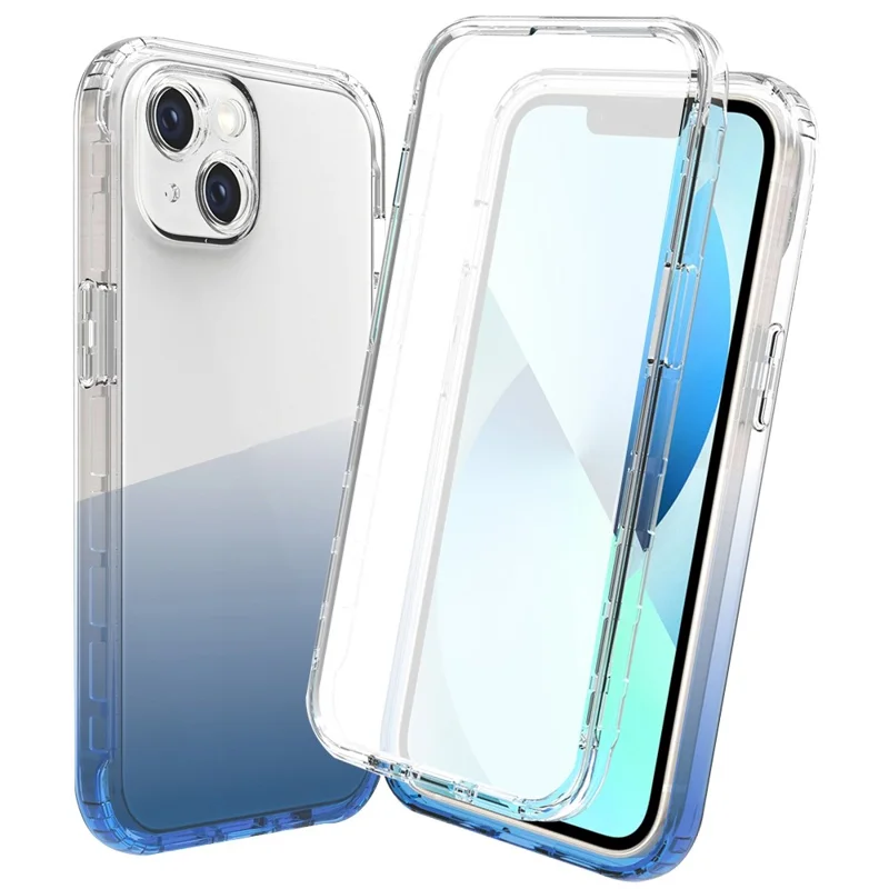 For iPhone 14 Plus 6.7 inch 3-in-1 Hybrid PC + TPU Full Body Protection Cover Gradient Scratch-resistant Phone Shell Case with PET Screen Protector - Blue