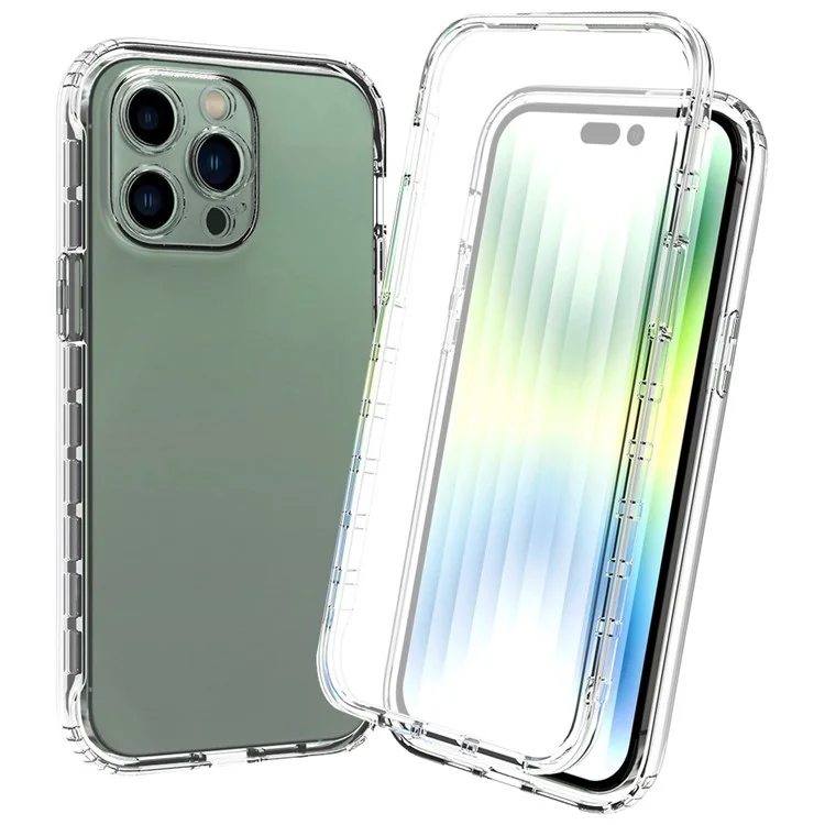 For iPhone 14 Pro Max 6.7 inch 3-in-1 Hybrid PC + TPU Cell Phone Shell Cover Gradient Shockproof Case with PET Screen Protector - Transparent