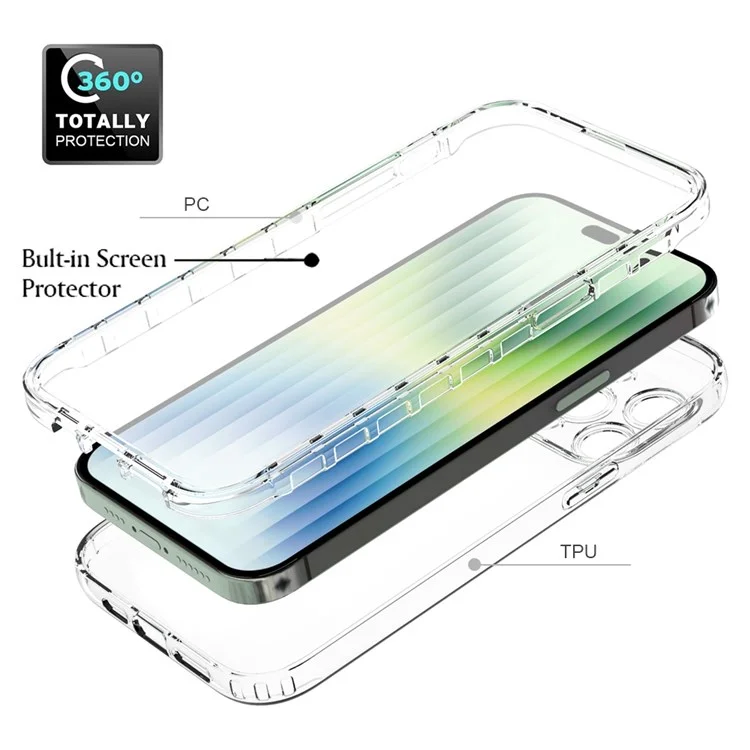 For iPhone 14 Pro Max 6.7 inch 3-in-1 Hybrid PC + TPU Cell Phone Shell Cover Gradient Shockproof Case with PET Screen Protector - Transparent