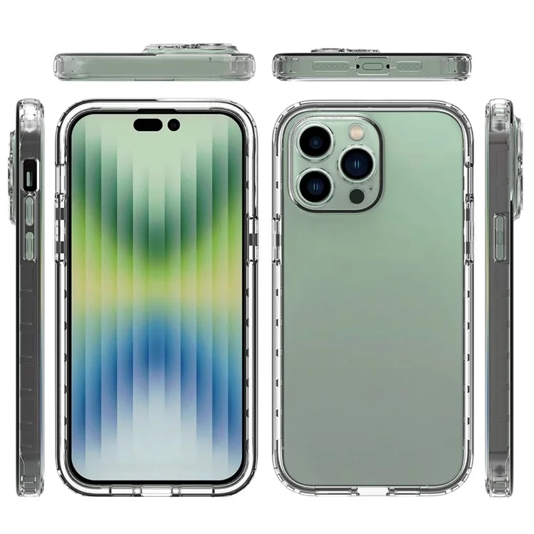 For iPhone 14 Pro Max 6.7 inch 3-in-1 Hybrid PC + TPU Cell Phone Shell Cover Gradient Shockproof Case with PET Screen Protector - Transparent