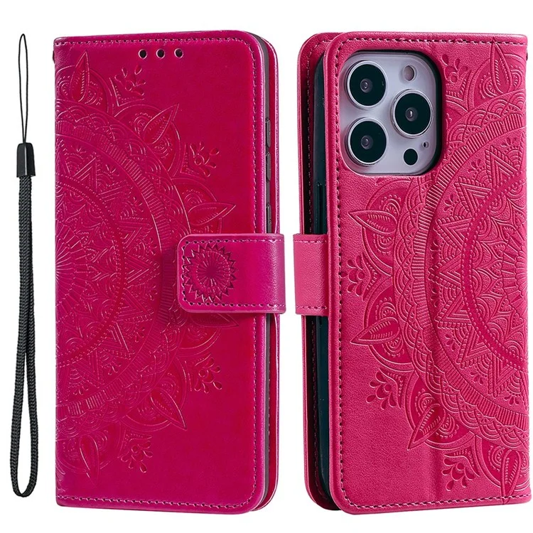 Para iPhone 14 Pro Max de 6,7 pulgadas, funda de cartera con tapa de piel sintética con estampado de flor de mandala, cubierta interior de TPU con correa para la muñeca, soporte plegable - Rosa
