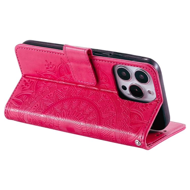 Para iPhone 14 Pro Max de 6,7 pulgadas, funda de cartera con tapa de piel sintética con estampado de flor de mandala, cubierta interior de TPU con correa para la muñeca, soporte plegable - Rosa