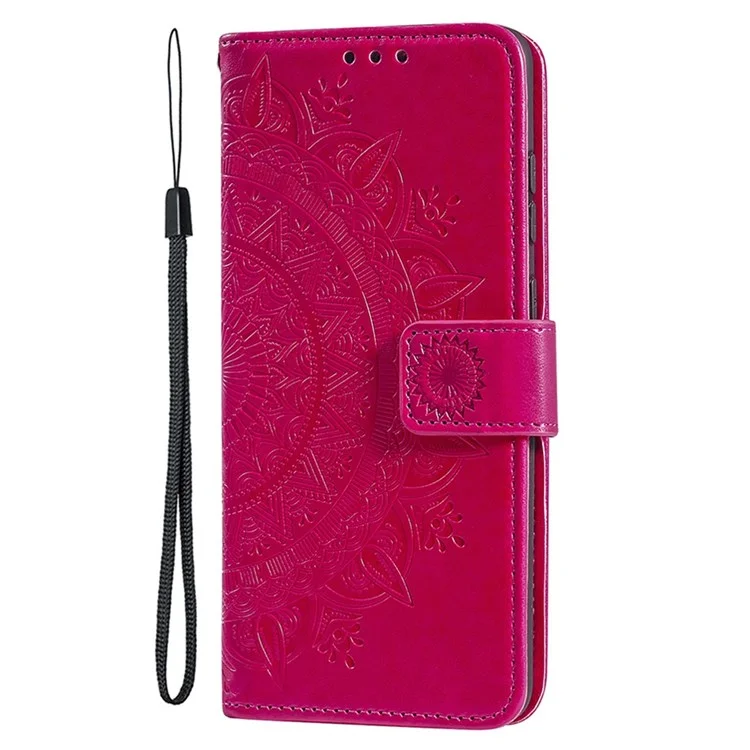 Para iPhone 14 Pro Max de 6,7 pulgadas, funda de cartera con tapa de piel sintética con estampado de flor de mandala, cubierta interior de TPU con correa para la muñeca, soporte plegable - Rosa