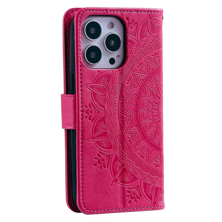 Para iPhone 14 Pro Max de 6,7 pulgadas, funda de cartera con tapa de piel sintética con estampado de flor de mandala, cubierta interior de TPU con correa para la muñeca, soporte plegable - Rosa