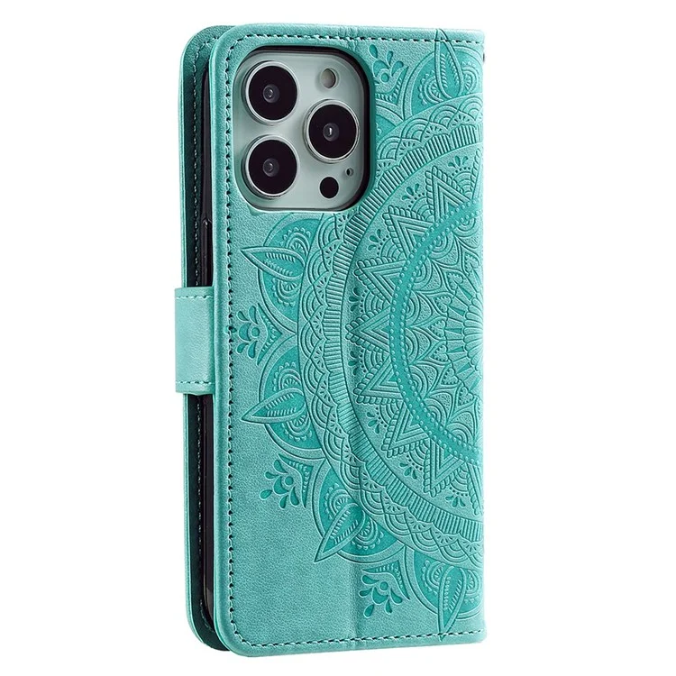 Для IPhone 14 Pro 6,1 Дюйма Mandala Flower Pattern Отпечатано Кожаным Кожи - Зеленый