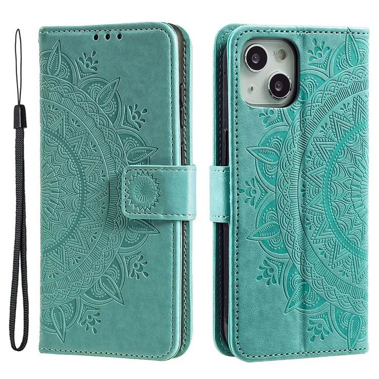 For iPhone 14 Plus 6.7 inch Wallet Case Imprinted Mandala Flower Pattern PU Leather Wrist Strap Stand Feature Flip Cover - Green