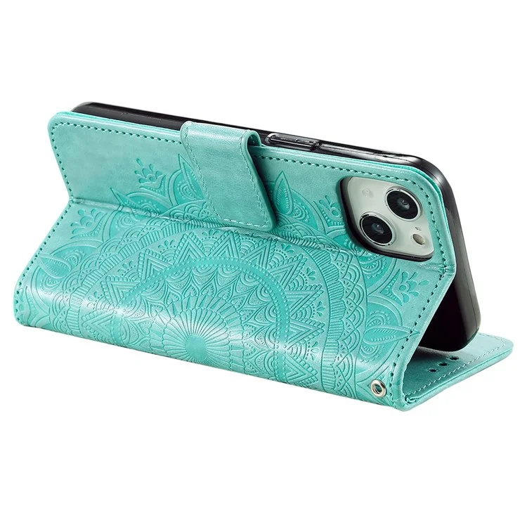 For iPhone 14 Plus 6.7 inch Wallet Case Imprinted Mandala Flower Pattern PU Leather Wrist Strap Stand Feature Flip Cover - Green
