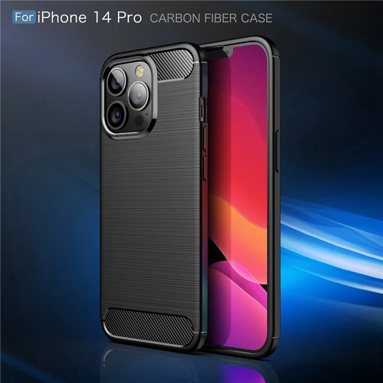 For iPhone 14 Pro Max 6.7 inch Carbon Fiber Texture Brushed Surface Case Soft Skin TPU Slim Fit Shockproof Phone Cover - Black