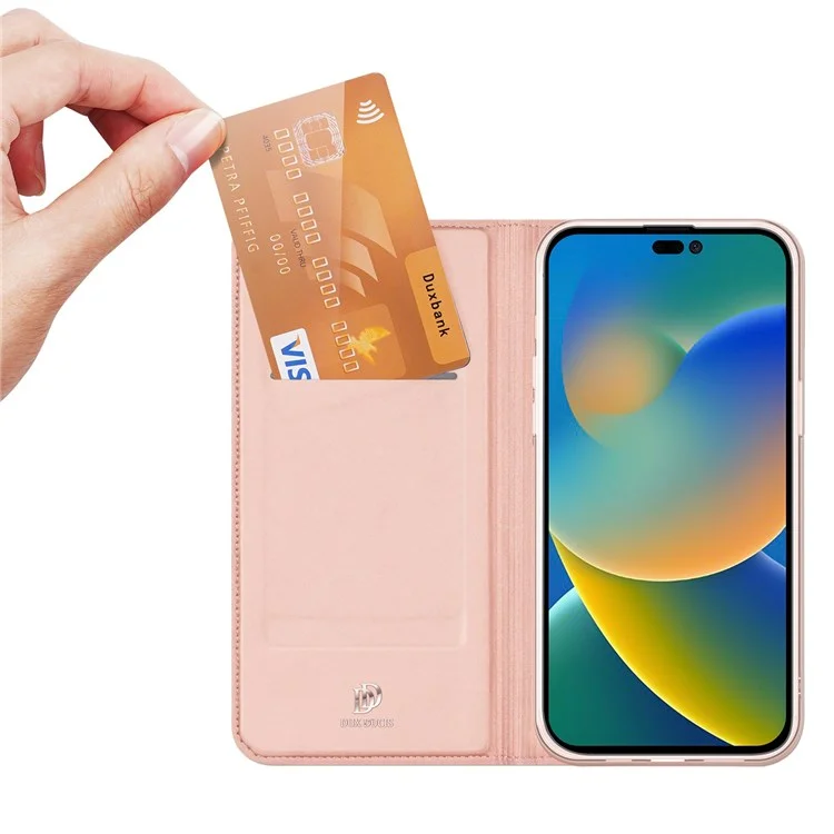 DUX DUCIS Skin Pro Series for iPhone 14 Pro 6.1 inch Card Holder Phone Case PU Leather + TPU Stand Shockproof Cover - Pink