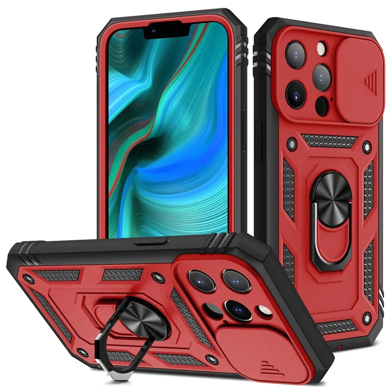 For iPhone 13 Pro Max 6.7 inch Card Clot Sliding Camera Cover Design PC+TPU Phone Case with Built-in Kickstand - Red/Black