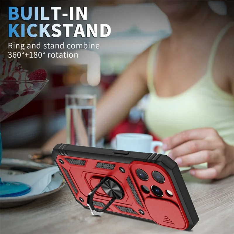 For iPhone 13 Pro Max 6.7 inch Card Clot Sliding Camera Cover Design PC+TPU Phone Case with Built-in Kickstand - Red/Black