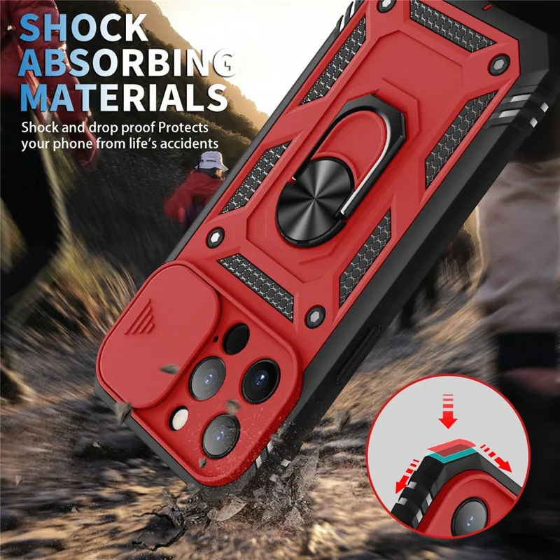 For iPhone 13 Pro Max 6.7 inch Card Clot Sliding Camera Cover Design PC+TPU Phone Case with Built-in Kickstand - Red/Black