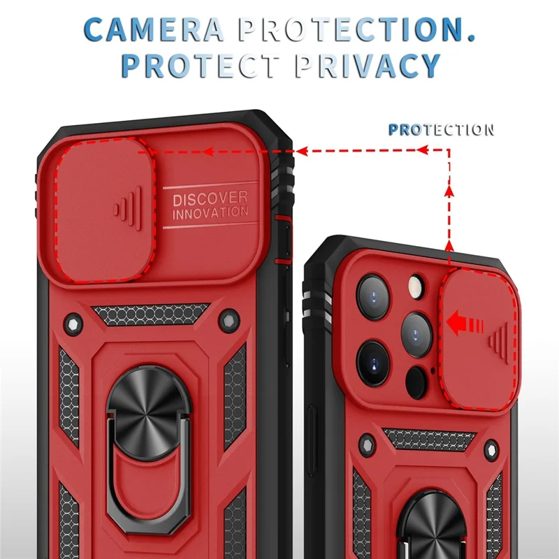 For iPhone 13 Pro Max 6.7 inch Card Clot Sliding Camera Cover Design PC+TPU Phone Case with Built-in Kickstand - Red/Black