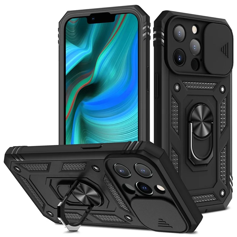 Obudowa z kartą i przesuwanym pokryciem aparatu dla iPhone'a 13 Pro Max 6,7 cala z podstawką PC+TPU z wbudowaną podstawką - Czarny