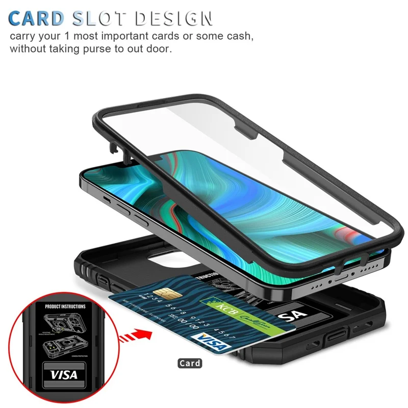 Obudowa z kartą i przesuwanym pokryciem aparatu dla iPhone'a 13 Pro Max 6,7 cala z podstawką PC+TPU z wbudowaną podstawką - Czarny