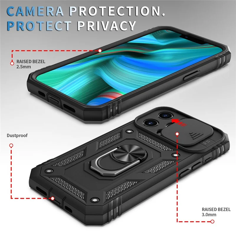 Obudowa z kartą i przesuwanym pokryciem aparatu dla iPhone'a 13 Pro Max 6,7 cala z podstawką PC+TPU z wbudowaną podstawką - Czarny