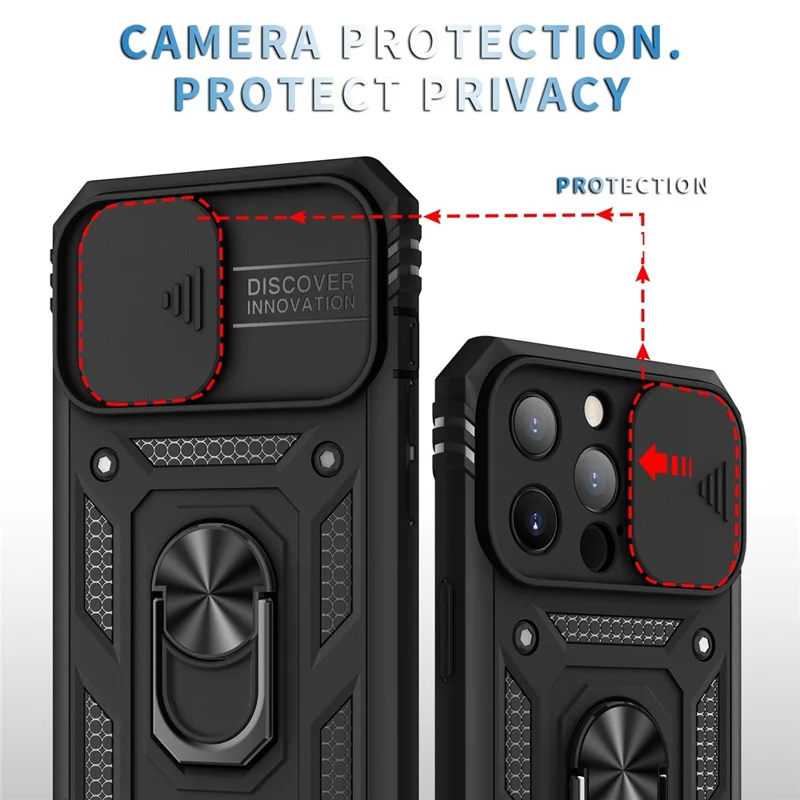 Obudowa z kartą i przesuwanym pokryciem aparatu dla iPhone'a 13 Pro Max 6,7 cala z podstawką PC+TPU z wbudowaną podstawką - Czarny