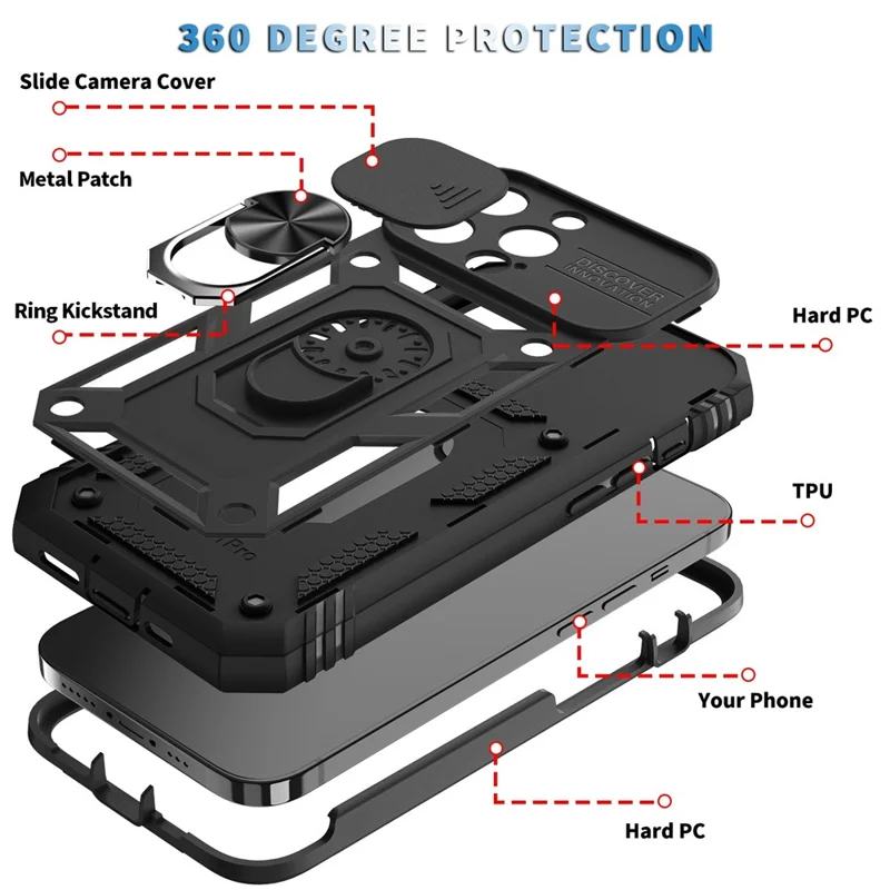 Obudowa z kartą i przesuwanym pokryciem aparatu dla iPhone'a 13 Pro Max 6,7 cala z podstawką PC+TPU z wbudowaną podstawką - Czarny