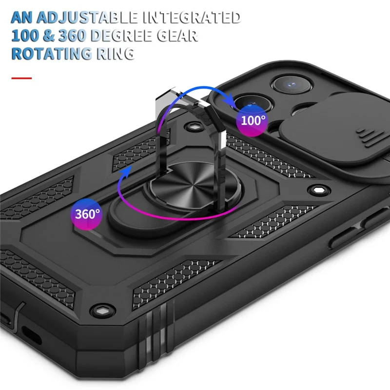 Obudowa z kartą i przesuwanym pokryciem aparatu dla iPhone'a 13 Pro Max 6,7 cala z podstawką PC+TPU z wbudowaną podstawką - Czarny