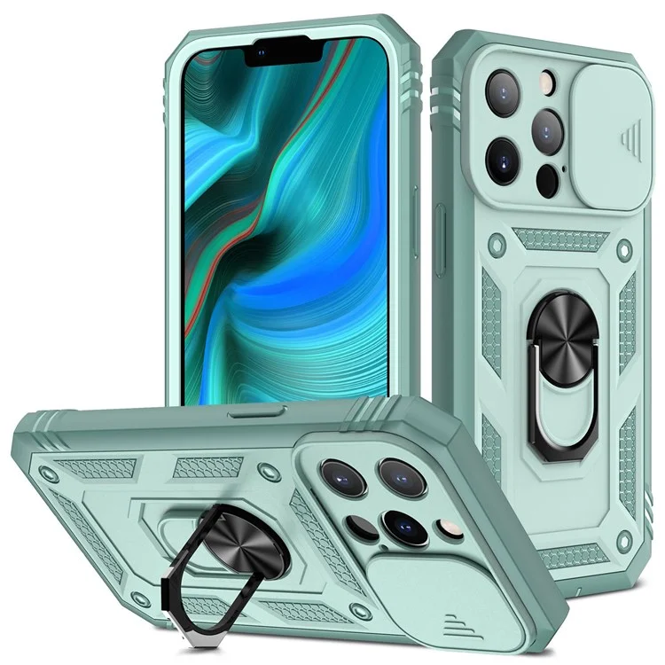 For iPhone 13 Pro Max 6.7 inch Card Clot Sliding Camera Cover Design PC+TPU Phone Case with Built-in Kickstand - Green