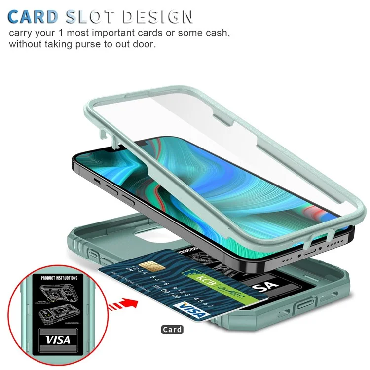For iPhone 13 Pro Max 6.7 inch Card Clot Sliding Camera Cover Design PC+TPU Phone Case with Built-in Kickstand - Green
