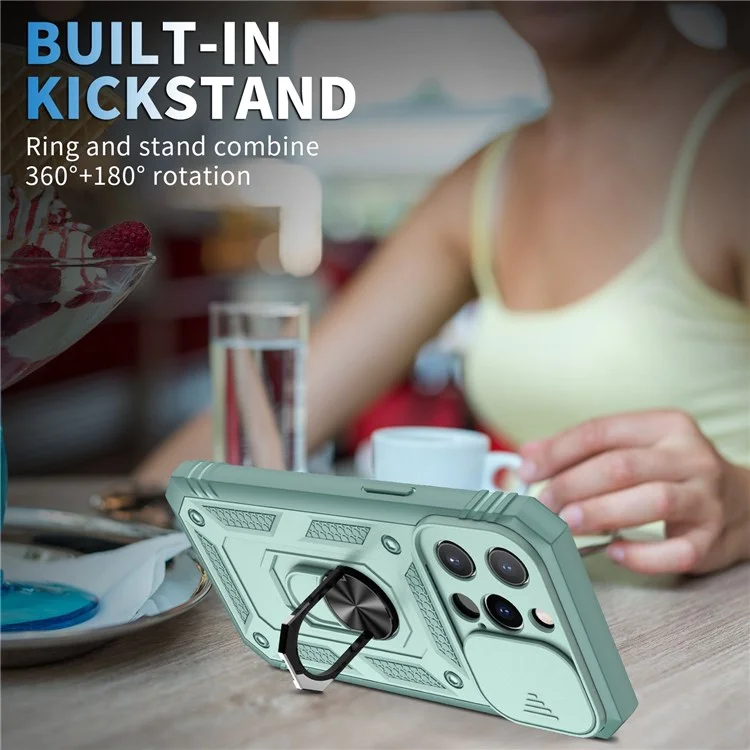 For iPhone 13 Pro Max 6.7 inch Card Clot Sliding Camera Cover Design PC+TPU Phone Case with Built-in Kickstand - Green