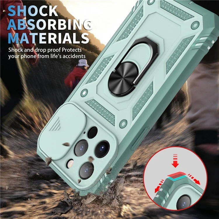 For iPhone 13 Pro Max 6.7 inch Card Clot Sliding Camera Cover Design PC+TPU Phone Case with Built-in Kickstand - Green
