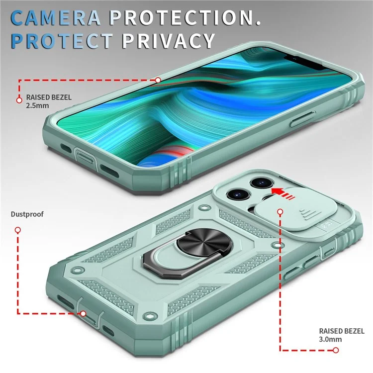 For iPhone 13 Pro Max 6.7 inch Card Clot Sliding Camera Cover Design PC+TPU Phone Case with Built-in Kickstand - Green