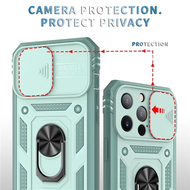 For iPhone 13 Pro Max 6.7 inch Card Clot Sliding Camera Cover Design PC+TPU Phone Case with Built-in Kickstand - Green