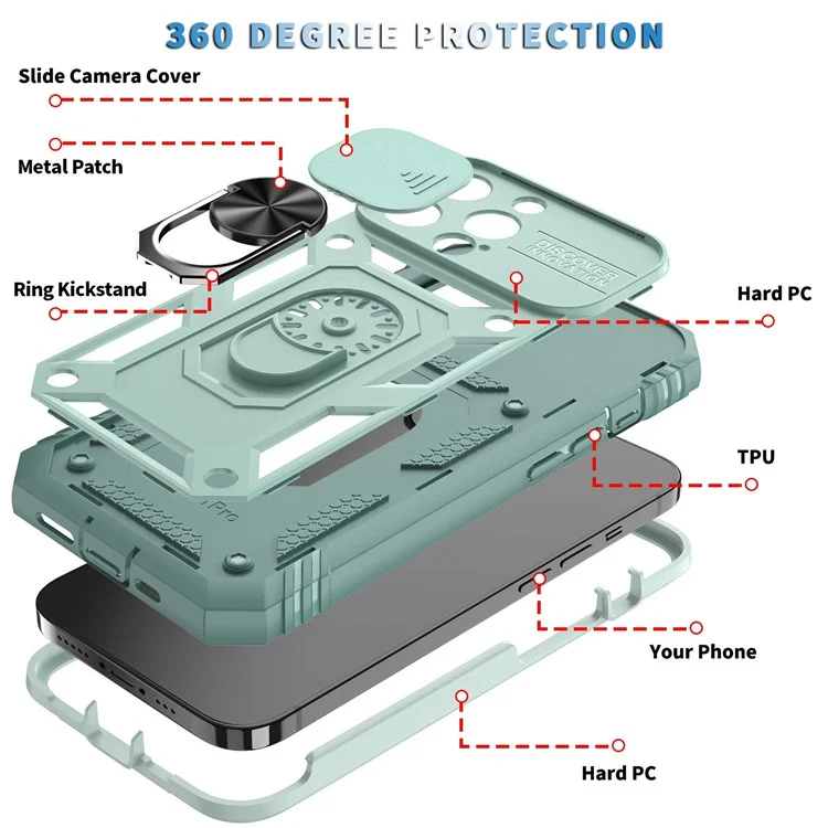 For iPhone 13 Pro Max 6.7 inch Card Clot Sliding Camera Cover Design PC+TPU Phone Case with Built-in Kickstand - Green