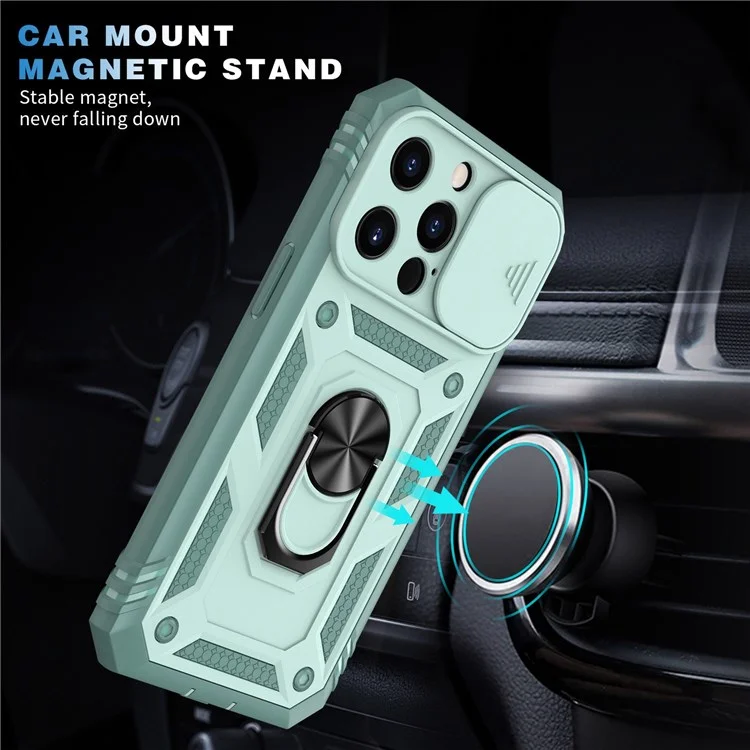 For iPhone 13 Pro Max 6.7 inch Card Clot Sliding Camera Cover Design PC+TPU Phone Case with Built-in Kickstand - Green