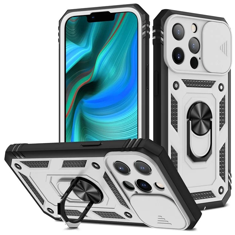 Pour IPhone 13 Pro 6.1 "support Intégré Couvercle De Caméra Coulissante PC + TPU Portable Case Protector W / Clip - Blanc / Noir