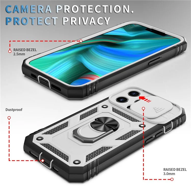 Pour IPhone 13 Pro 6.1 "support Intégré Couvercle De Caméra Coulissante PC + TPU Portable Case Protector W / Clip - Blanc / Noir