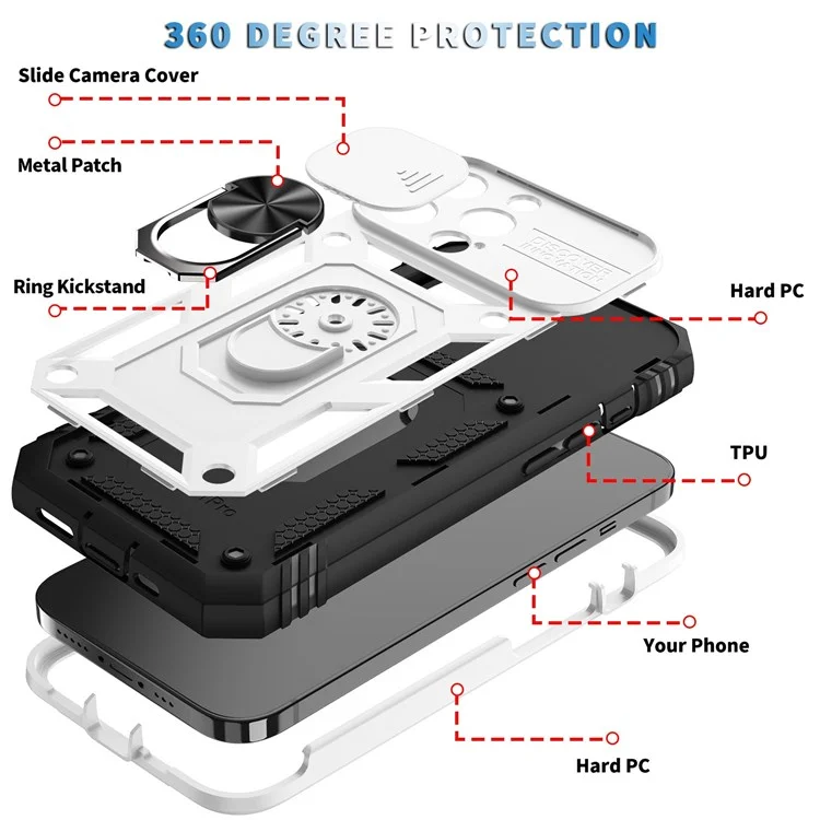 Pour IPhone 13 Pro 6.1 "support Intégré Couvercle De Caméra Coulissante PC + TPU Portable Case Protector W / Clip - Blanc / Noir