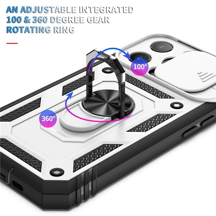 Pour IPhone 13 Pro 6.1 "support Intégré Couvercle De Caméra Coulissante PC + TPU Portable Case Protector W / Clip - Blanc / Noir