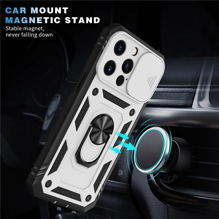 Pour IPhone 13 Pro 6.1 "support Intégré Couvercle De Caméra Coulissante PC + TPU Portable Case Protector W / Clip - Blanc / Noir