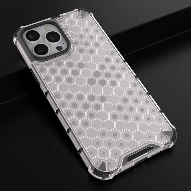 Pour iPhone 14 Pro Max 6,7 pouces Housse de protection pour téléphone en nid d'abeille texturée anti-rayures en TPU + PC à double couche - Gris