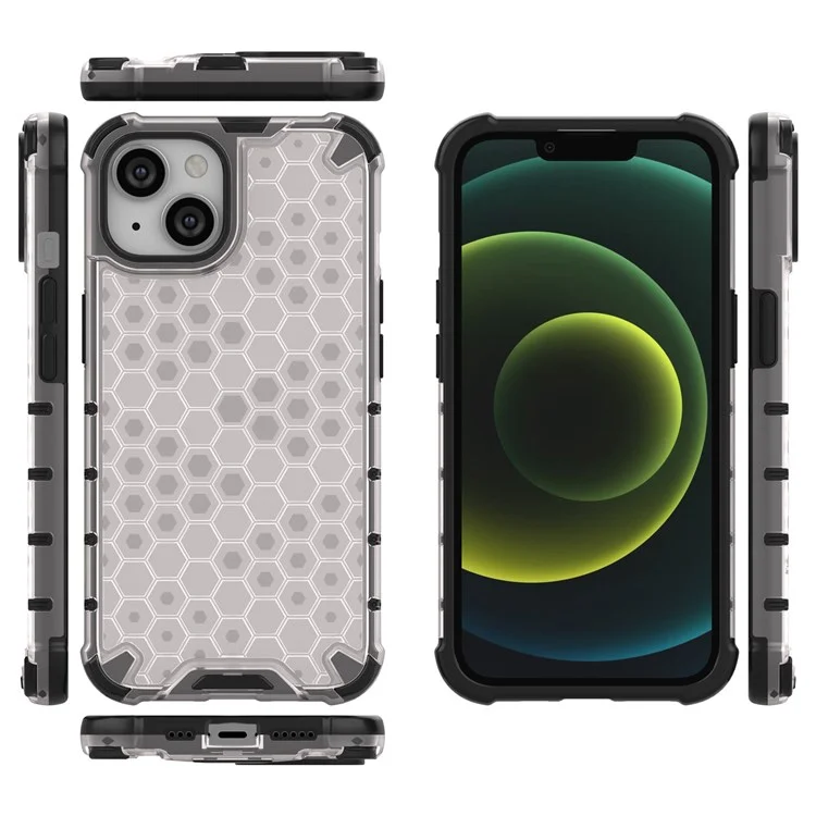 Honeycomb Textured Shockproof Phone Case for iPhone 14 Plus 6.7 inch, Soft TPU + Hard PC Back Cover - Grey