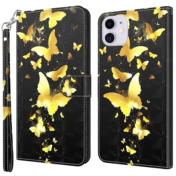 For iPhone 14 6.1 inch Shockproof PU Leather Phone Case Stand 3D Pattern Printed Magnet Closure Wallet Full Protection Phone Cover with Strap - Golden Butterflies