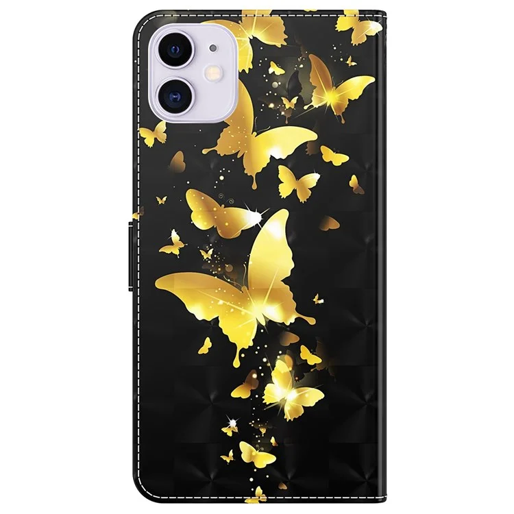 For iPhone 14 6.1 inch Shockproof PU Leather Phone Case Stand 3D Pattern Printed Magnet Closure Wallet Full Protection Phone Cover with Strap - Golden Butterflies