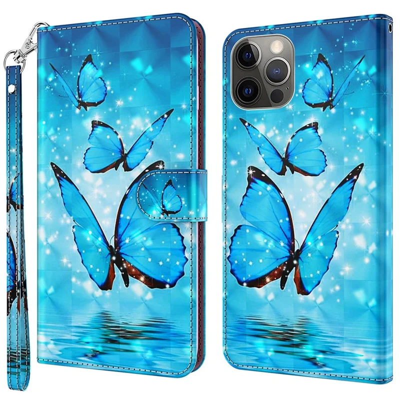 For iPhone 14 Pro Max 6.7 inch Shockproof PU Leather Phone Case Stand 3D Pattern Printed Magnet Closure Wallet Phone Cover with Strap - Blue Butterflies