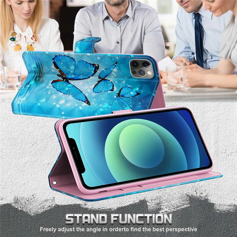 For iPhone 14 Pro Max 6.7 inch Shockproof PU Leather Phone Case Stand 3D Pattern Printed Magnet Closure Wallet Phone Cover with Strap - Blue Butterflies