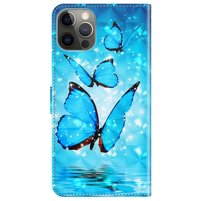 For iPhone 14 Pro Max 6.7 inch Shockproof PU Leather Phone Case Stand 3D Pattern Printed Magnet Closure Wallet Phone Cover with Strap - Blue Butterflies