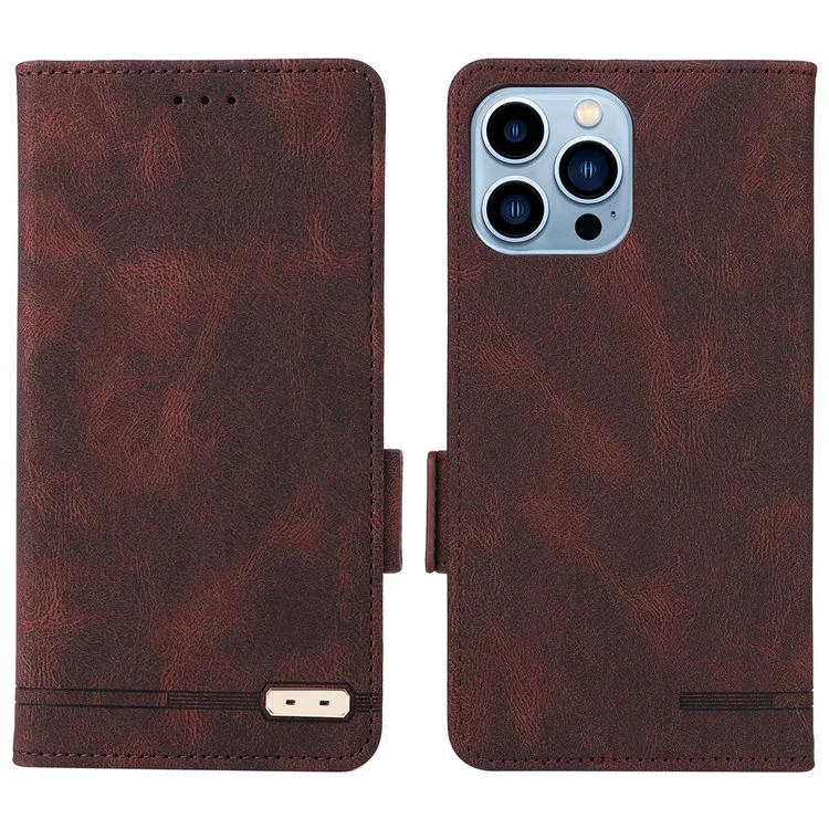 Case de Teléfono de Diseño de Hardware Para Iphone 14 Pro Max 6.7 Pulgadas, PU Leather Well Protection Flip Case de Billetera Anti-drop Stand Shell - Café